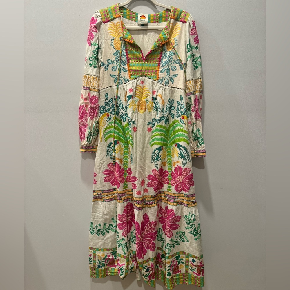 FARM Rio Cream and Pink Bishop Sleeve Sundress